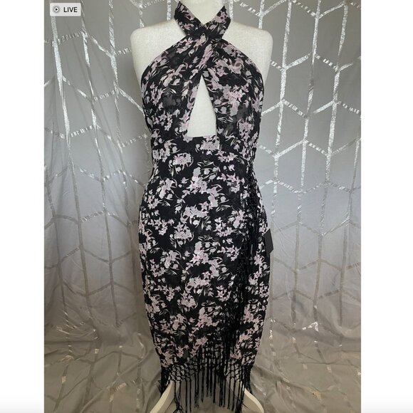 NWT Lulu's Black Floral Print Halter Neck Fringe Midi Dress - Picture 3 of 6